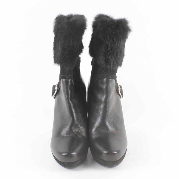 Fiorangelo Sz 38 Black Leather Suede Fur Cuff 4.75in Wedge Ankle Boot