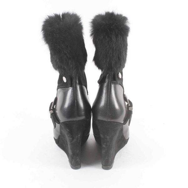 Fiorangelo Sz 38 Black Leather Suede Fur Cuff 4.75in Wedge Ankle Boot