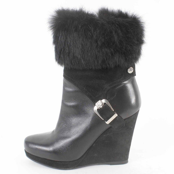 Fiorangelo Sz 38 Black Leather Suede Fur Cuff 4.75in Wedge Ankle Boot