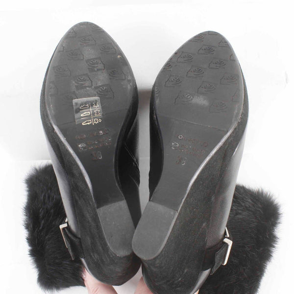 Fiorangelo Sz 38 Black Leather Suede Fur Cuff 4.75in Wedge Ankle Boot