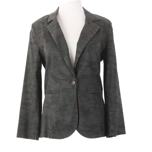 Level 99 Blazer Jacket Sz S Green Black Camo Collared One Button Linen Lyocell