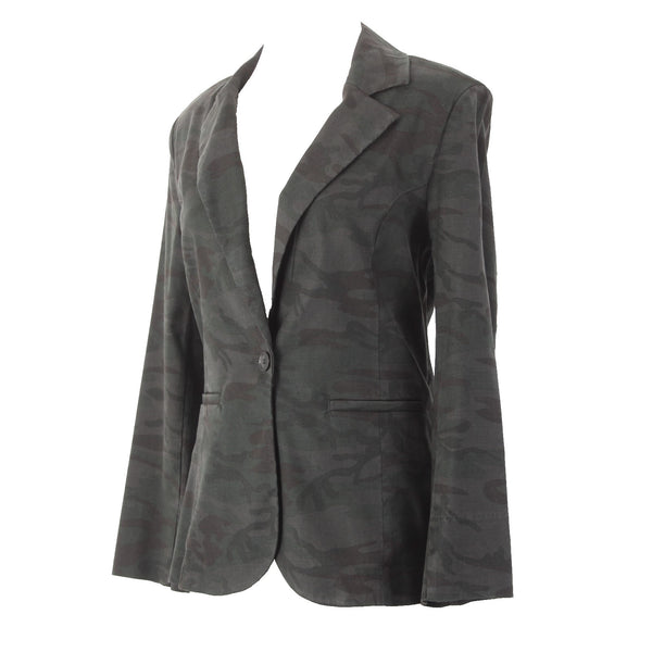 Level 99 Blazer Jacket Sz S Green Black Camo Collared One Button Linen Lyocell