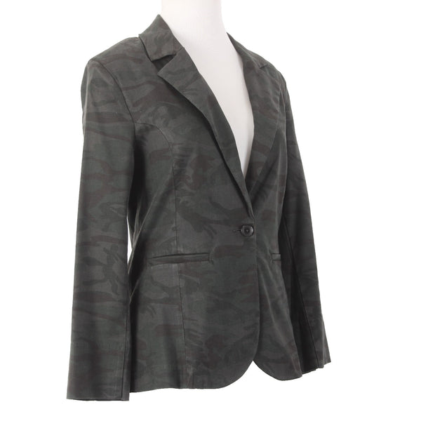 Level 99 Blazer Jacket Sz S Green Black Camo Collared One Button Linen Lyocell