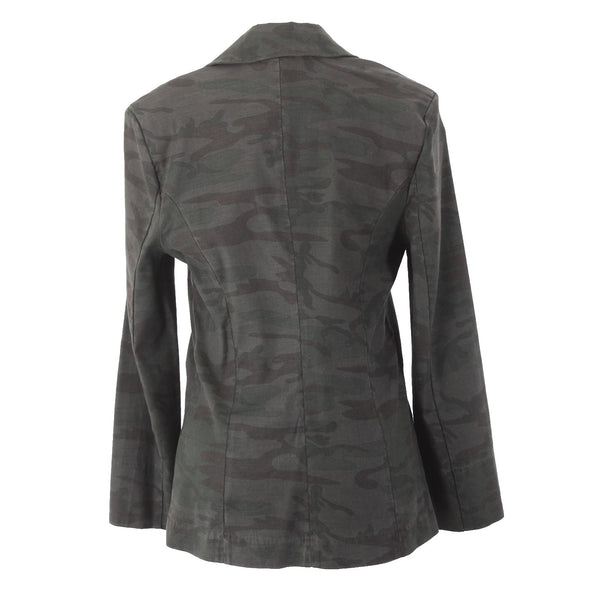 Level 99 Blazer Jacket Sz S Green Black Camo Collared One Button Linen Lyocell