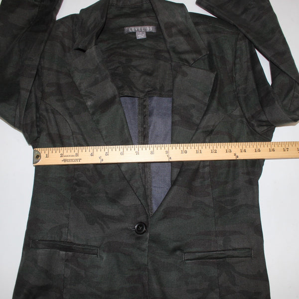 Level 99 Blazer Jacket Sz S Green Black Camo Collared One Button Linen Lyocell