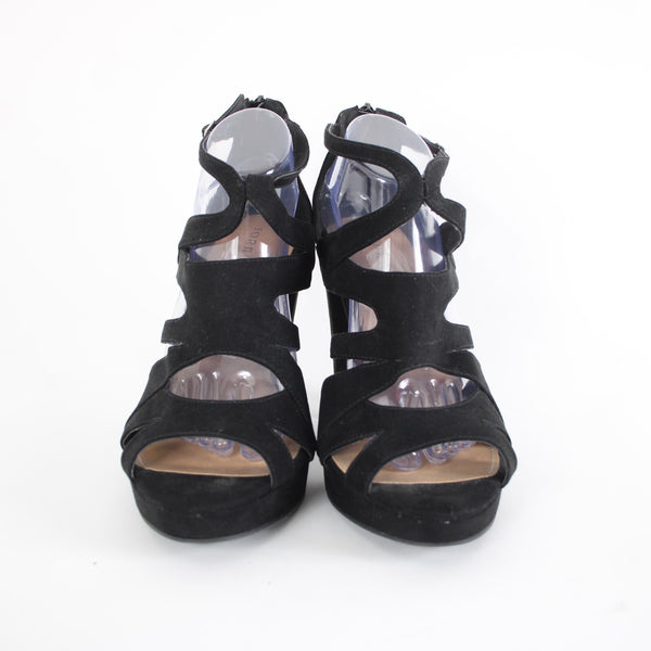 Torrid Sz 10.5 Wide Black Strappy Zipper Fabric Upper Inner 4.5" Heels