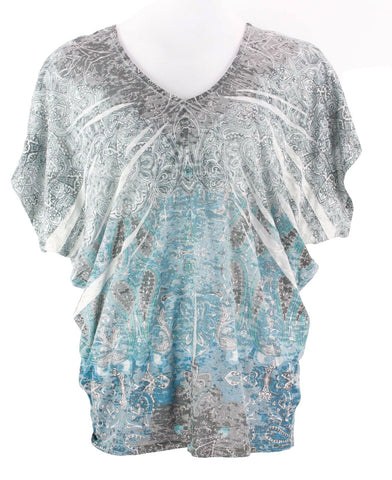 Fashion Bug Sz L Gray Green Aqua Multi Flutter Sleeve Poly Blend Top