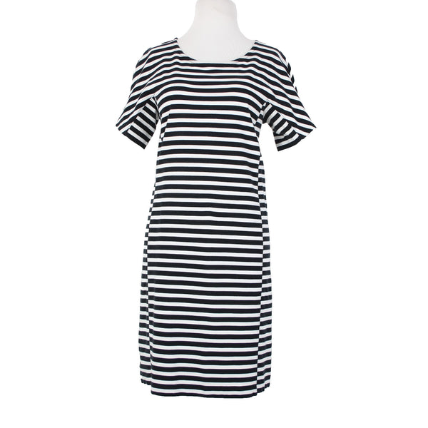 J Crew Sz M White Black Striped Short Sleeve Zipper Cotton Elastane Dress