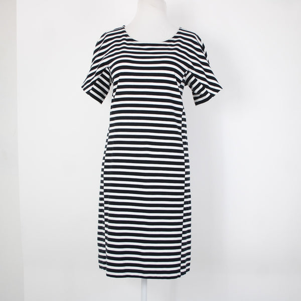 J Crew Sz M White Black Striped Short Sleeve Zipper Cotton Elastane Dress