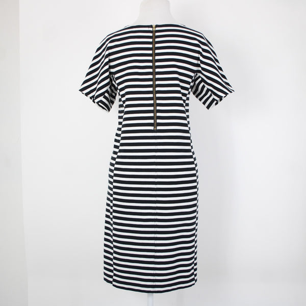 J Crew Sz M White Black Striped Short Sleeve Zipper Cotton Elastane Dress