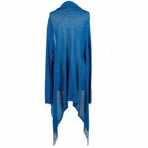 Chicos Sz M Royal Blue Collared Open Knit Fringe 100% Rayon Wrap Sweater