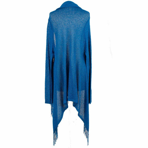 Chicos Sz M Royal Blue Collared Open Knit Fringe 100% Rayon Wrap Sweater