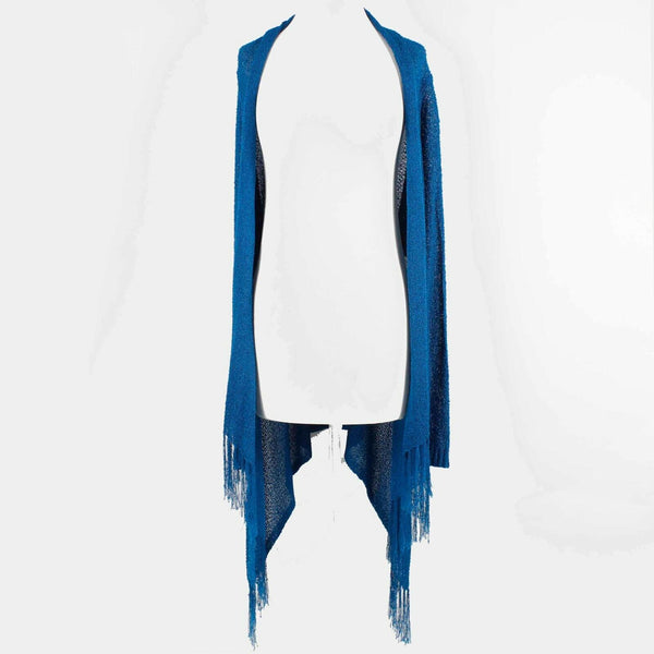 Chicos Sz M Royal Blue Collared Open Knit Fringe 100% Rayon Wrap Sweater