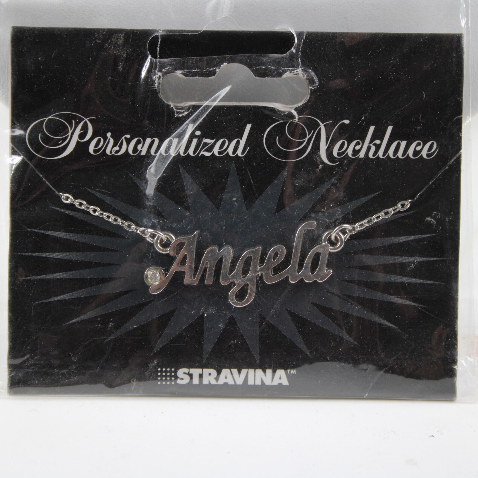 ANGELA Name Silvertone Rhinestone 14.5" w 4.5" Multi Ring Ext Necklace