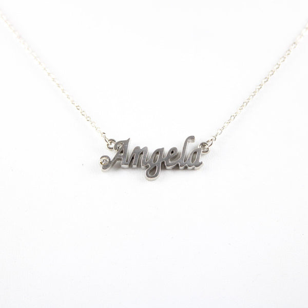 ANGELA Name Silvertone Rhinestone 14.5" w 4.5" Multi Ring Ext Necklace