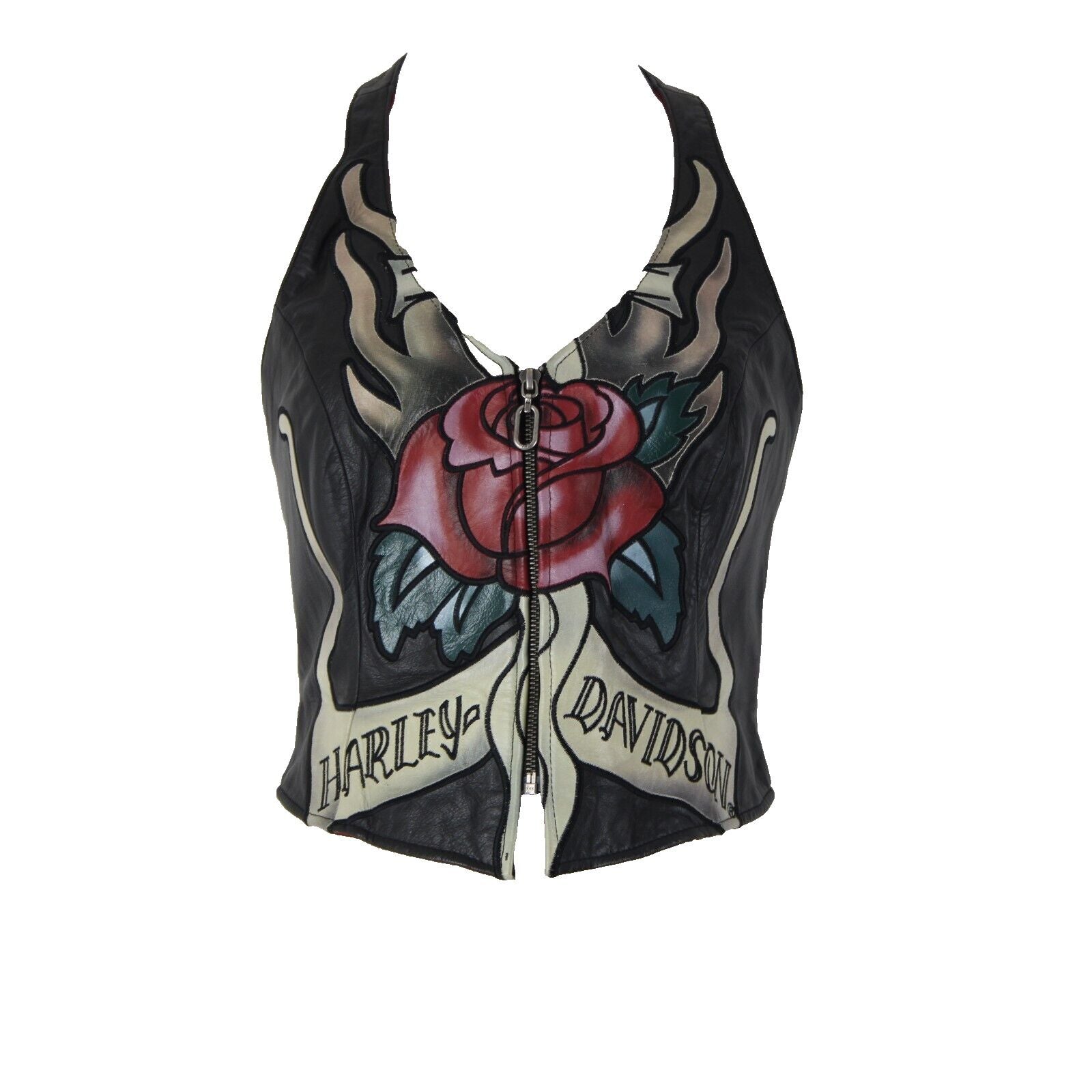 Harley Davidson Sz S Black Multi Color Roses Leather Nylon Halter Top