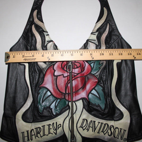 Harley Davidson Sz S Black Multi Color Roses Leather Nylon Halter Top