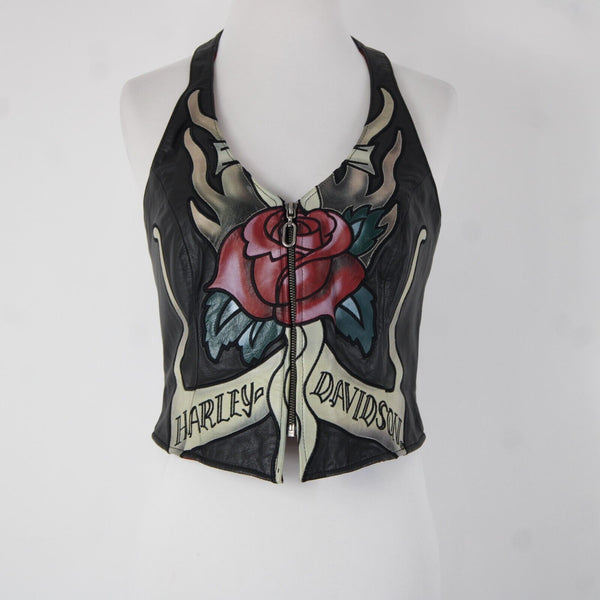 Harley Davidson Sz S Black Multi Color Roses Leather Nylon Halter Top