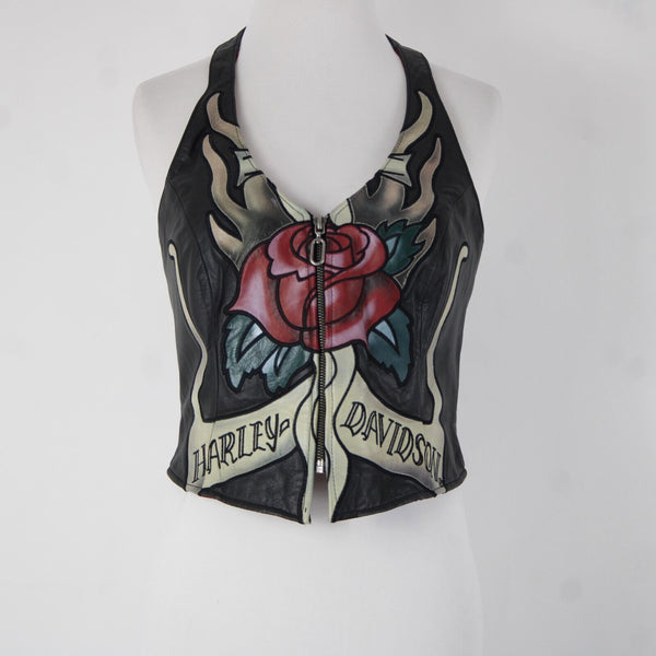 Harley Davidson Sz S Black Multi Color Roses Leather Nylon Halter Top