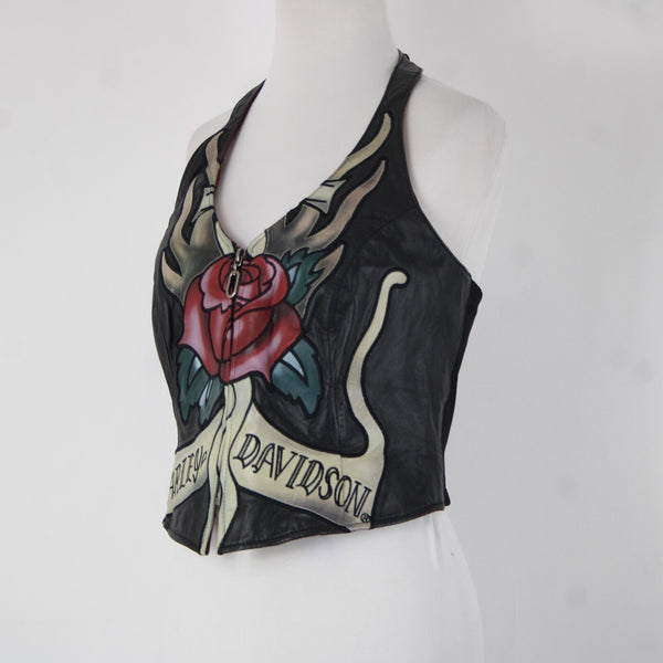 Harley Davidson Sz S Black Multi Color Roses Leather Nylon Halter Top