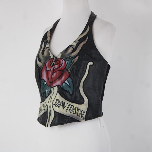 Harley Davidson Sz S Black Multi Color Roses Leather Nylon Halter Top