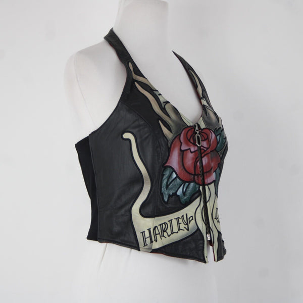 Harley Davidson Sz S Black Multi Color Roses Leather Nylon Halter Top