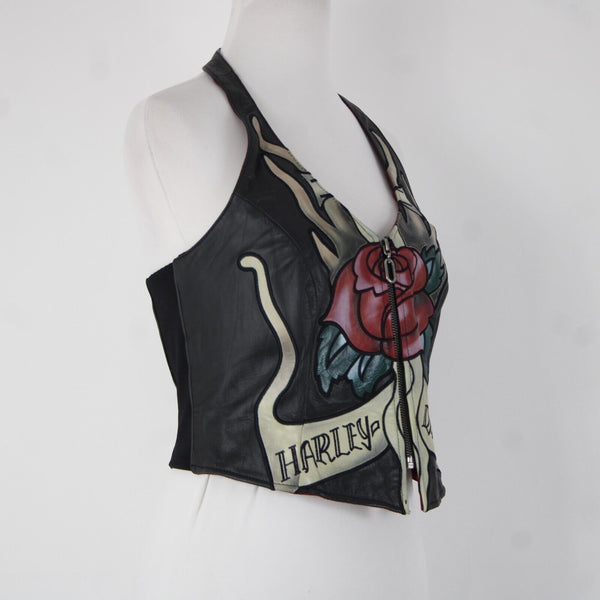 Harley Davidson Sz S Black Multi Color Roses Leather Nylon Halter Top