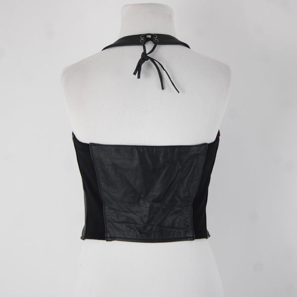 Harley Davidson Sz S Black Multi Color Roses Leather Nylon Halter Top
