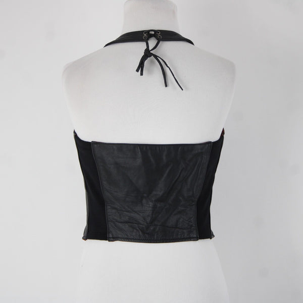 Harley Davidson Sz S Black Multi Color Roses Leather Nylon Halter Top