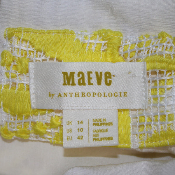 Maeve Dress NEW $170 Sz 10 Yellow White Lined Embroidered V Neck Poly Viscose