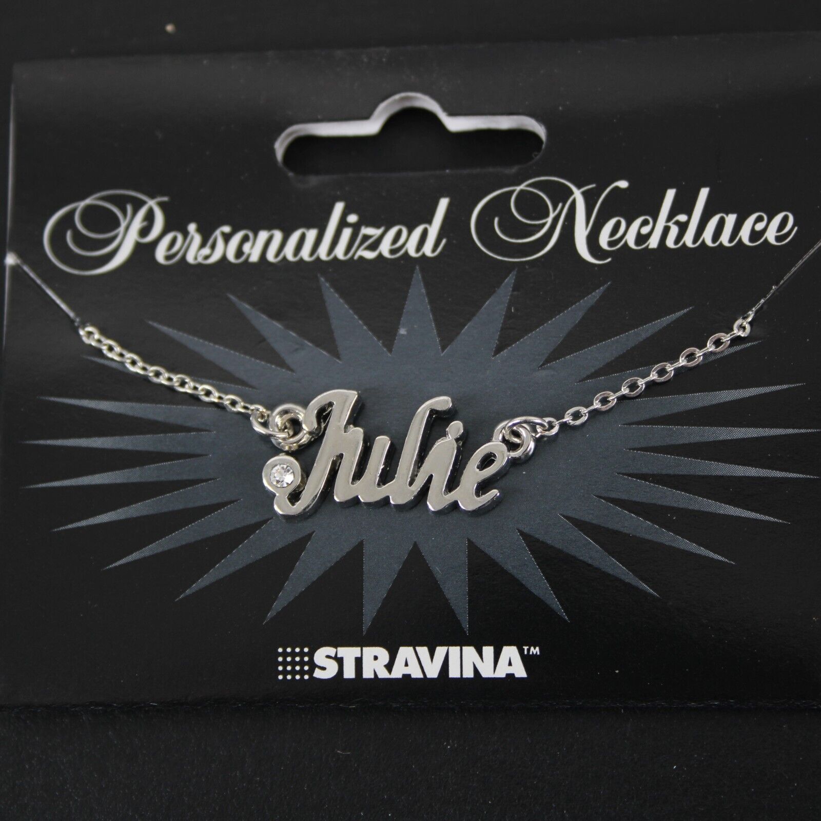 JULIE Name Silvertone Rhinestone 14.5" w 4.5" Multi Ring Ext Necklace