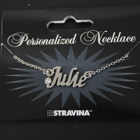 JULIE Name Silvertone Rhinestone 14.5" w 4.5" Multi Ring Ext Necklace