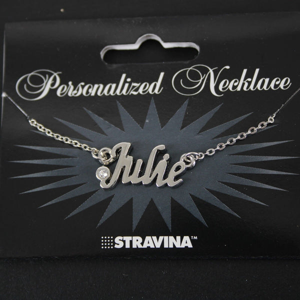 JULIE Name Silvertone Rhinestone 14.5" w 4.5" Multi Ring Ext Necklace
