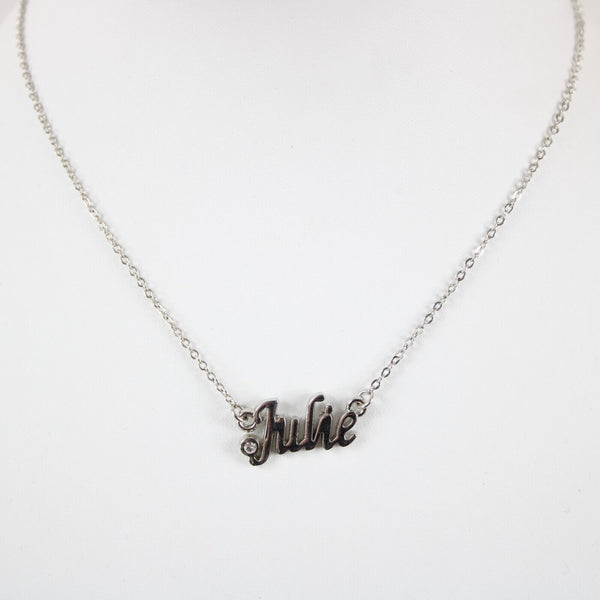 JULIE Name Silvertone Rhinestone 14.5" w 4.5" Multi Ring Ext Necklace