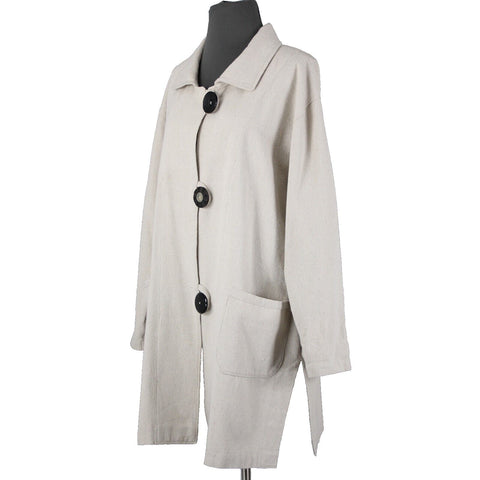 Engayla NEW $259 Sz OS Cream Black Buttons Collared Knee Length Cotton Poly Coat
