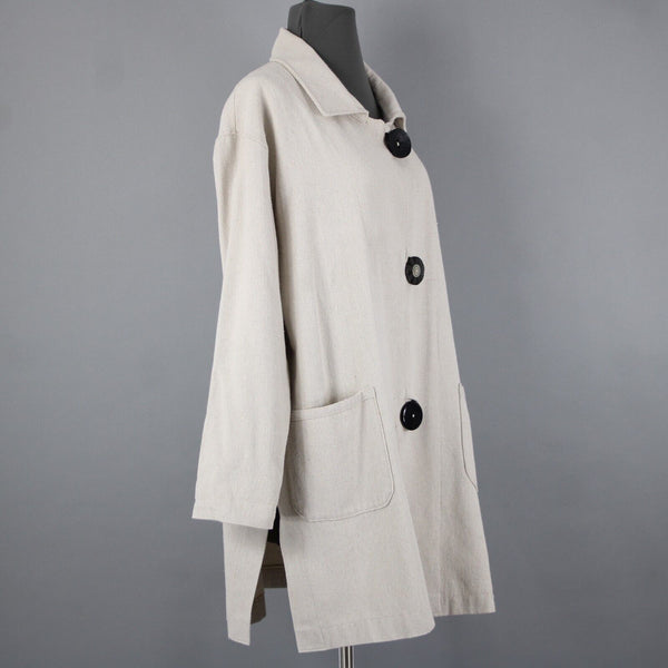 Engayla NEW $259 Sz OS Cream Black Buttons Collared Knee Length Cotton Poly Coat