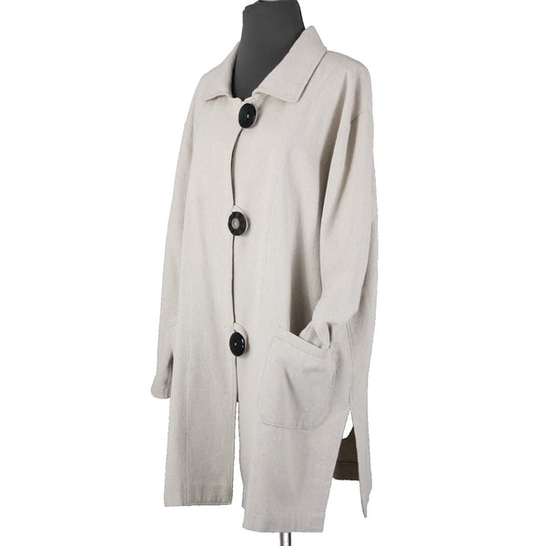 Engayla NEW $259 Sz OS Cream Black Buttons Collared Knee Length Cotton Poly Coat