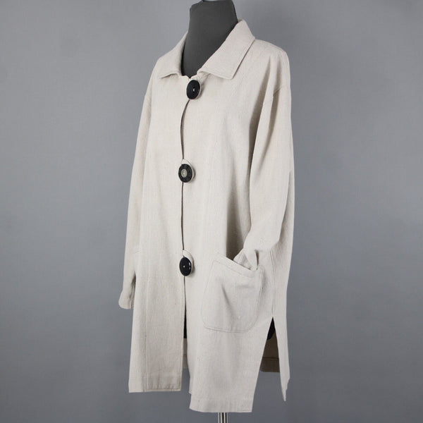 Engayla NEW $259 Sz OS Cream Black Buttons Collared Knee Length Cotton Poly Coat