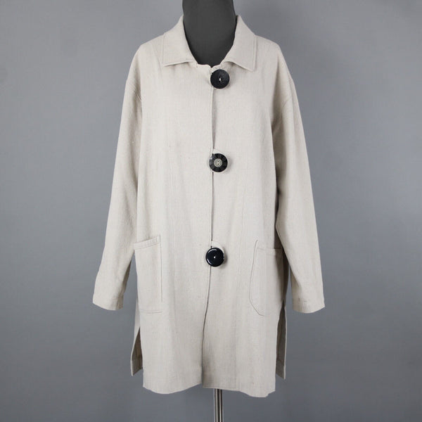 Engayla NEW $259 Sz OS Cream Black Buttons Collared Knee Length Cotton Poly Coat