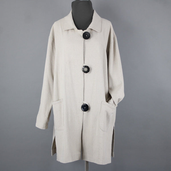 Engayla NEW $259 Sz OS Cream Black Buttons Collared Knee Length Cotton Poly Coat