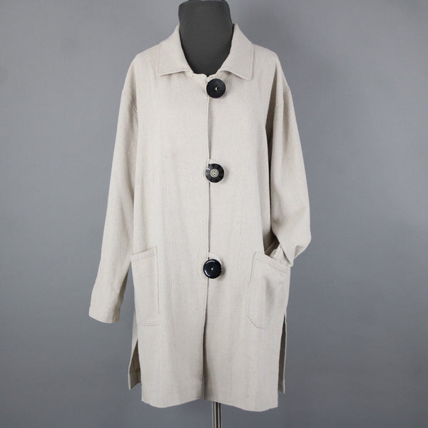 Engayla NEW $259 Sz OS Cream Black Buttons Collared Knee Length Cotton Poly Coat