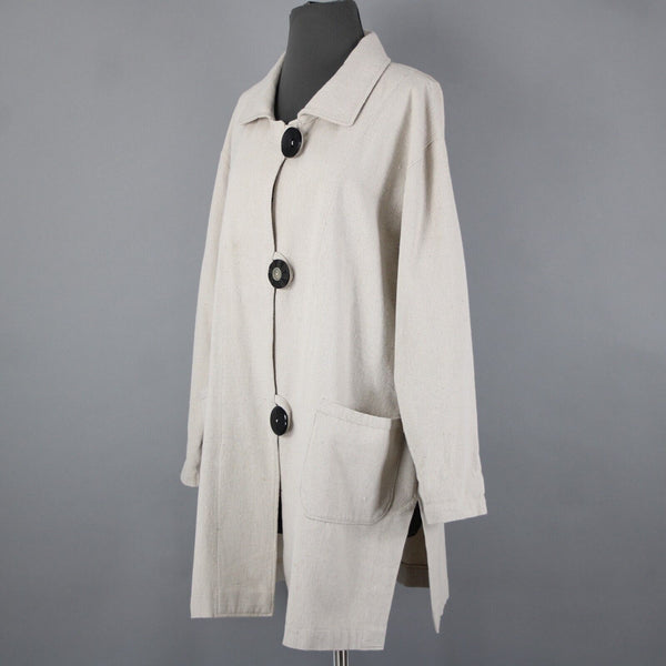 Engayla NEW $259 Sz OS Cream Black Buttons Collared Knee Length Cotton Poly Coat