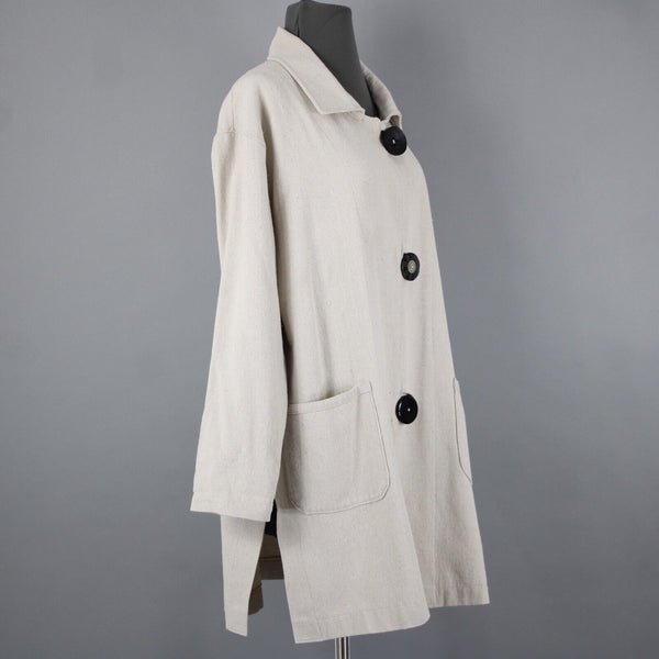 Engayla NEW $259 Sz OS Cream Black Buttons Collared Knee Length Cotton Poly Coat