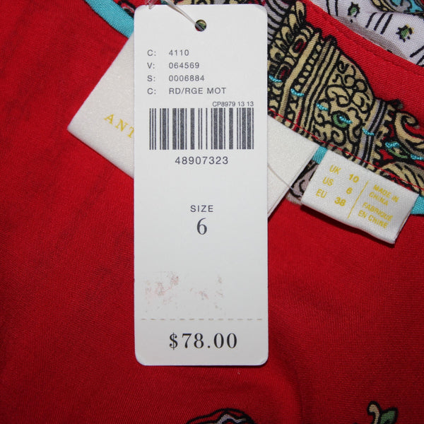 Maeve By Anthropologie NEW $78 Sz 6 Red Multi Color Buttons 100% Rayon Top