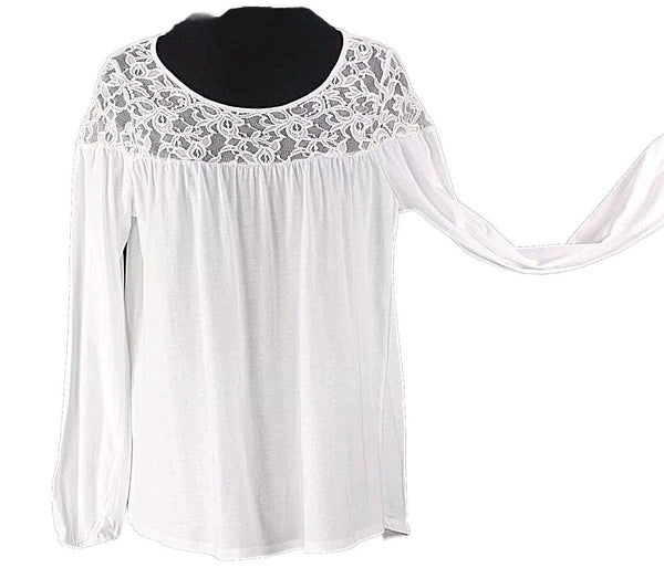 Sundance Sz XS White Cotton Modal Poly Nylon Spandex LS Lace Trim Hi Lo Top