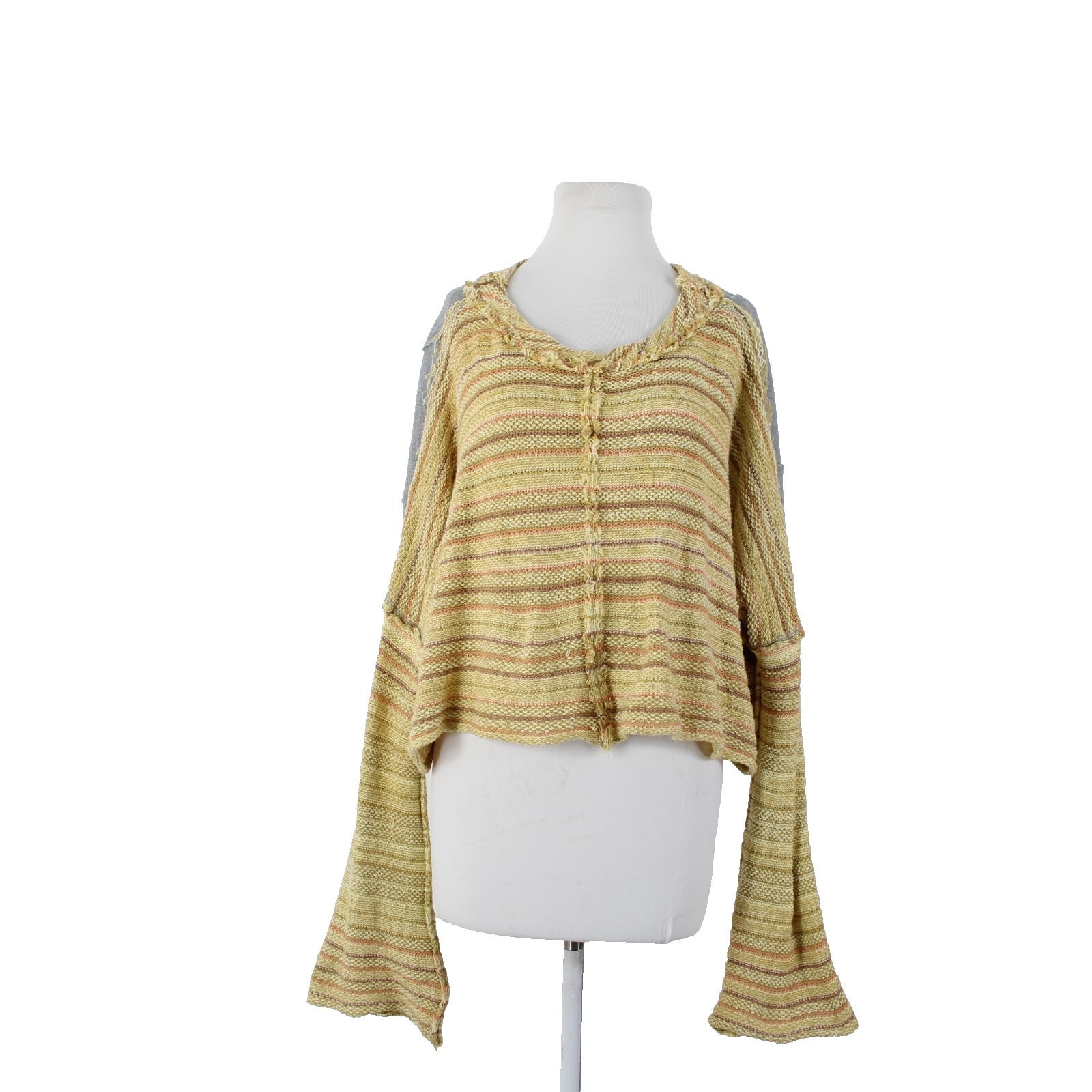 Free People Sz SP Yellow Gray Multicolor Bell Sleeve Crop Cotton Acrylic Sweater