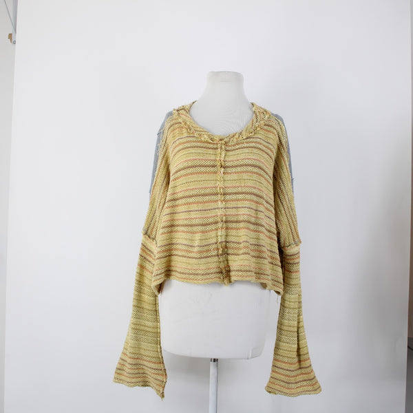 Free People Sz SP Yellow Gray Multicolor Bell Sleeve Crop Cotton Acrylic Sweater