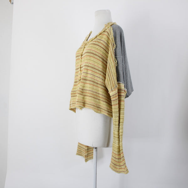 Free People Sz SP Yellow Gray Multicolor Bell Sleeve Crop Cotton Acrylic Sweater