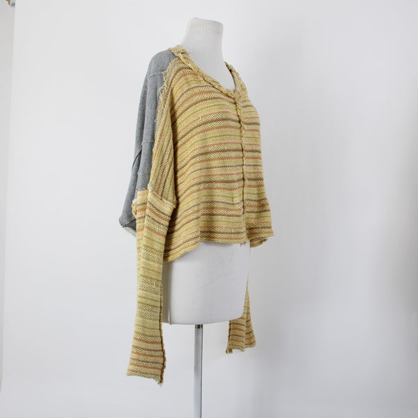 Free People Sz SP Yellow Gray Multicolor Bell Sleeve Crop Cotton Acrylic Sweater