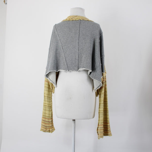 Free People Sz SP Yellow Gray Multicolor Bell Sleeve Crop Cotton Acrylic Sweater